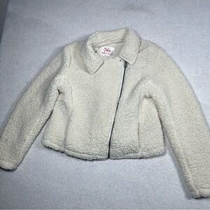 Justice Girls Sherpa Moto Jacket Size 18/20 Cream Teddy Bear Fleece Zip Cozy